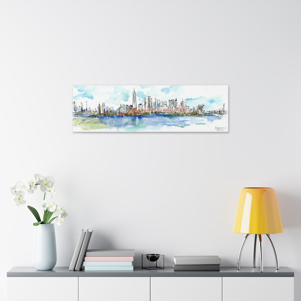 New York City Skyline Canvas — Ellis Island Watercolor Panorama
