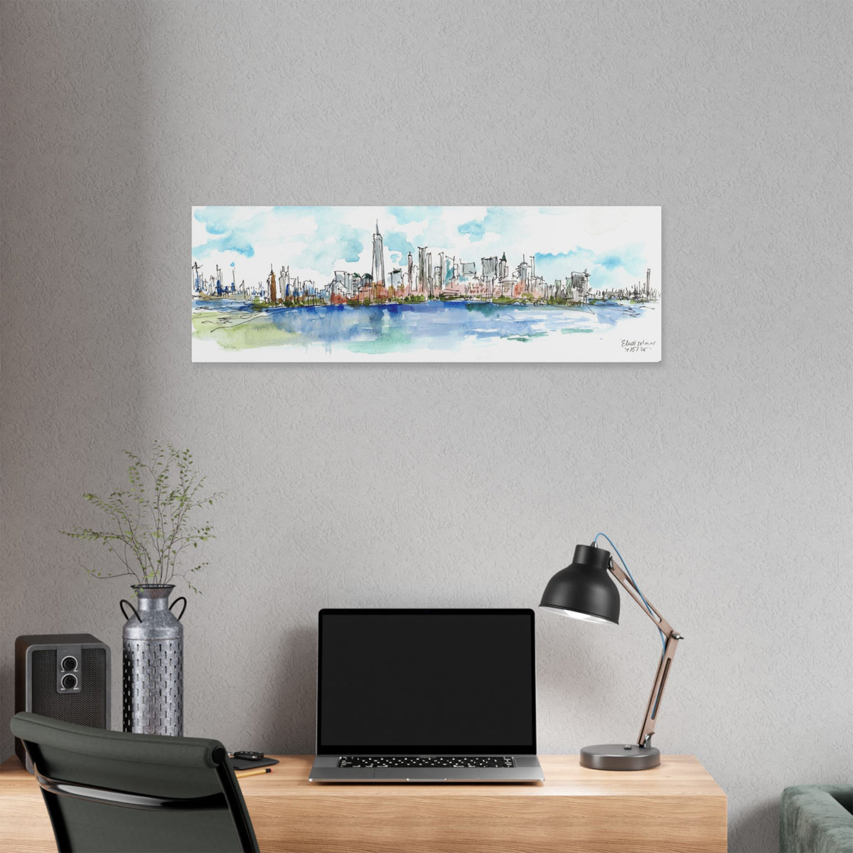 New York City Skyline Canvas — Ellis Island Watercolor Panorama
