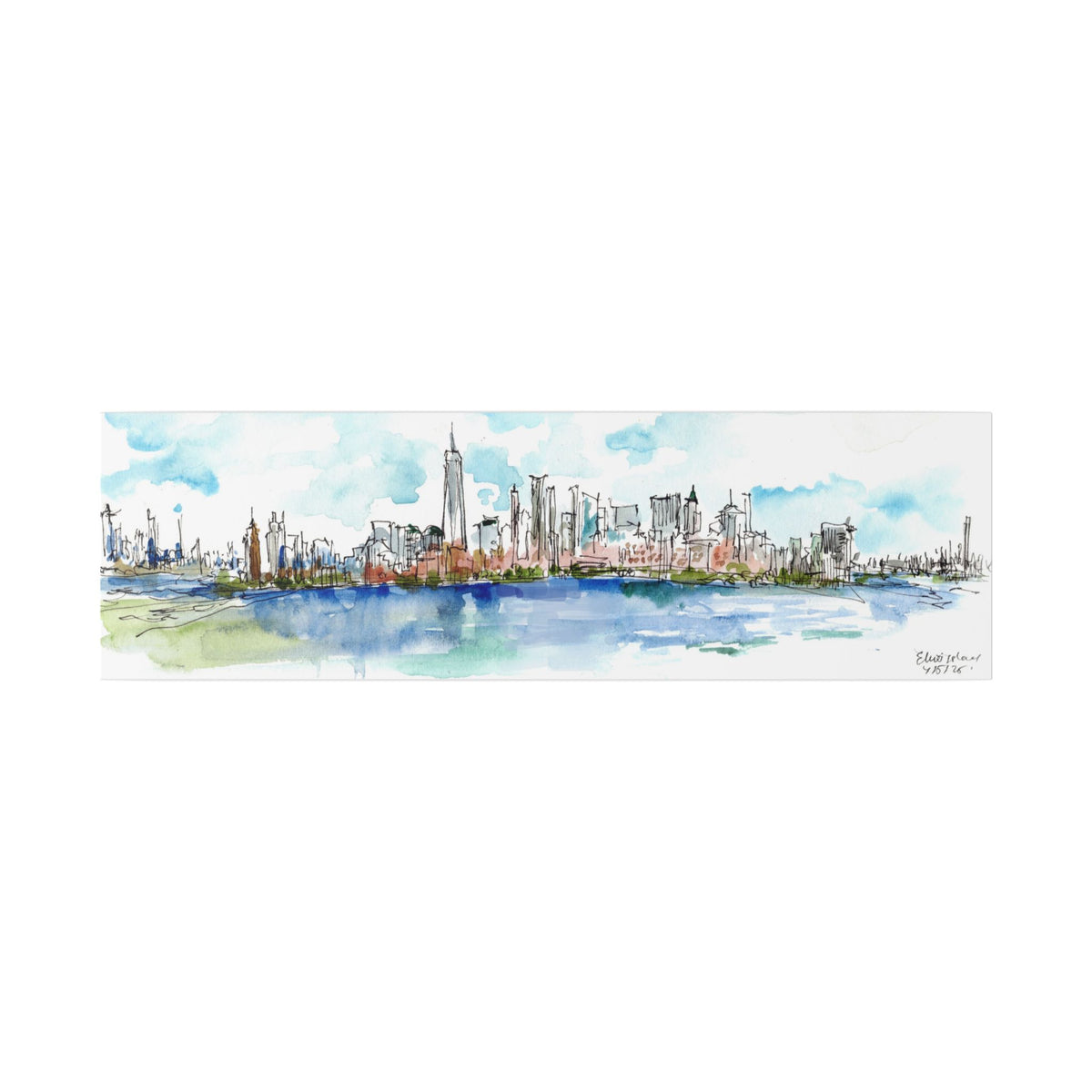 New York City Skyline Canvas — Ellis Island Watercolor Panorama