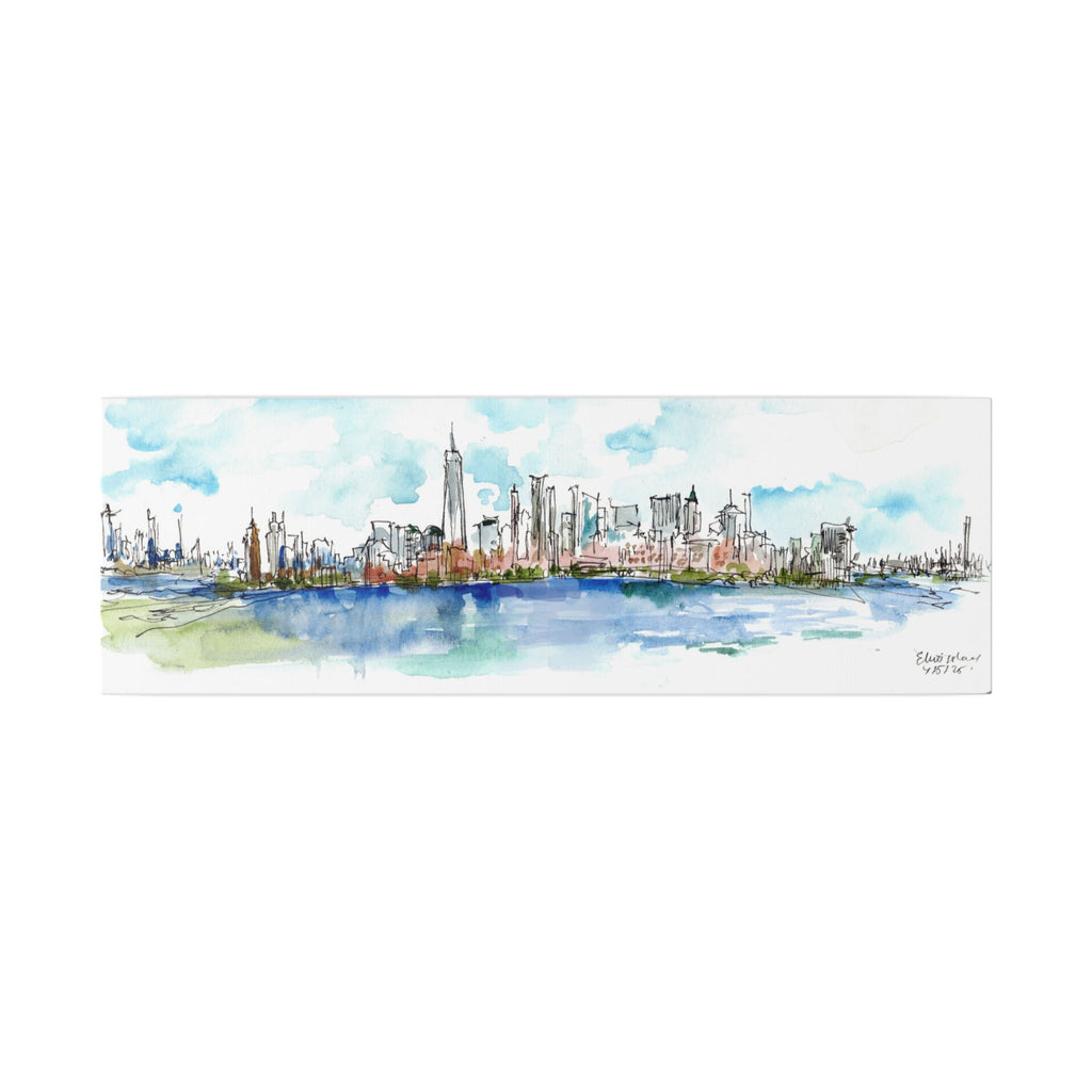 New York City Skyline Canvas — Ellis Island Watercolor Panorama