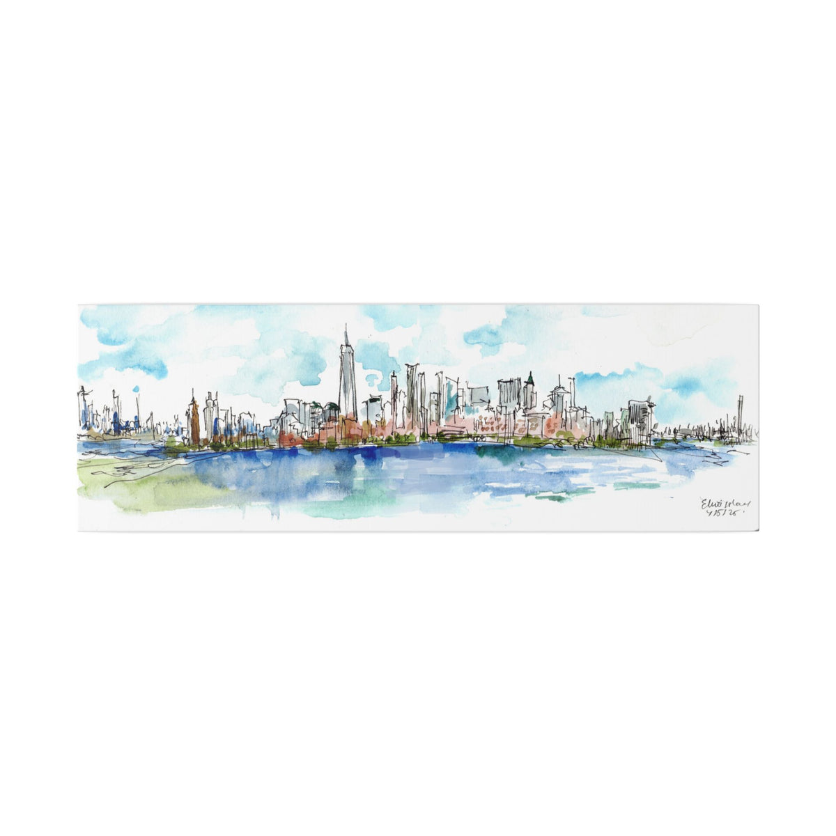 New York City Skyline Canvas — Ellis Island Watercolor Panorama