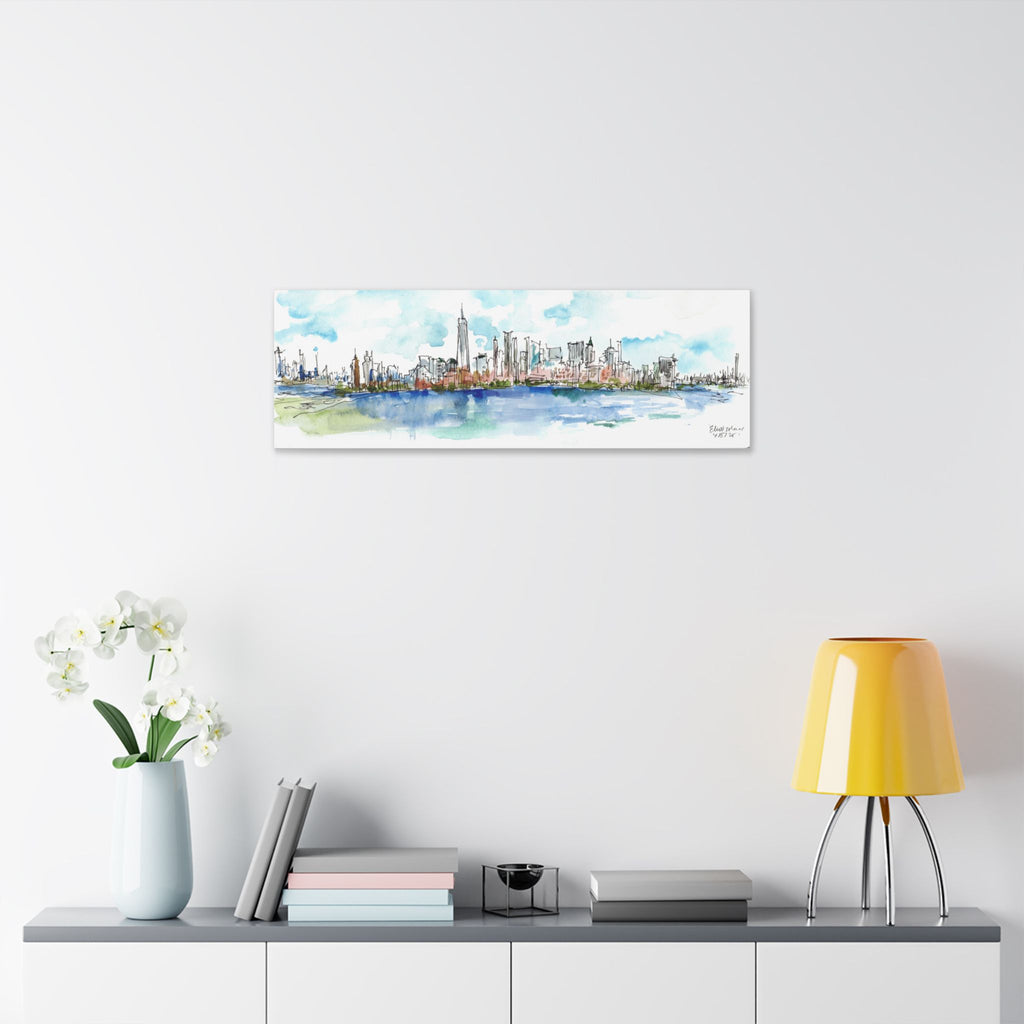 New York City Skyline Canvas — Ellis Island Watercolor Panorama