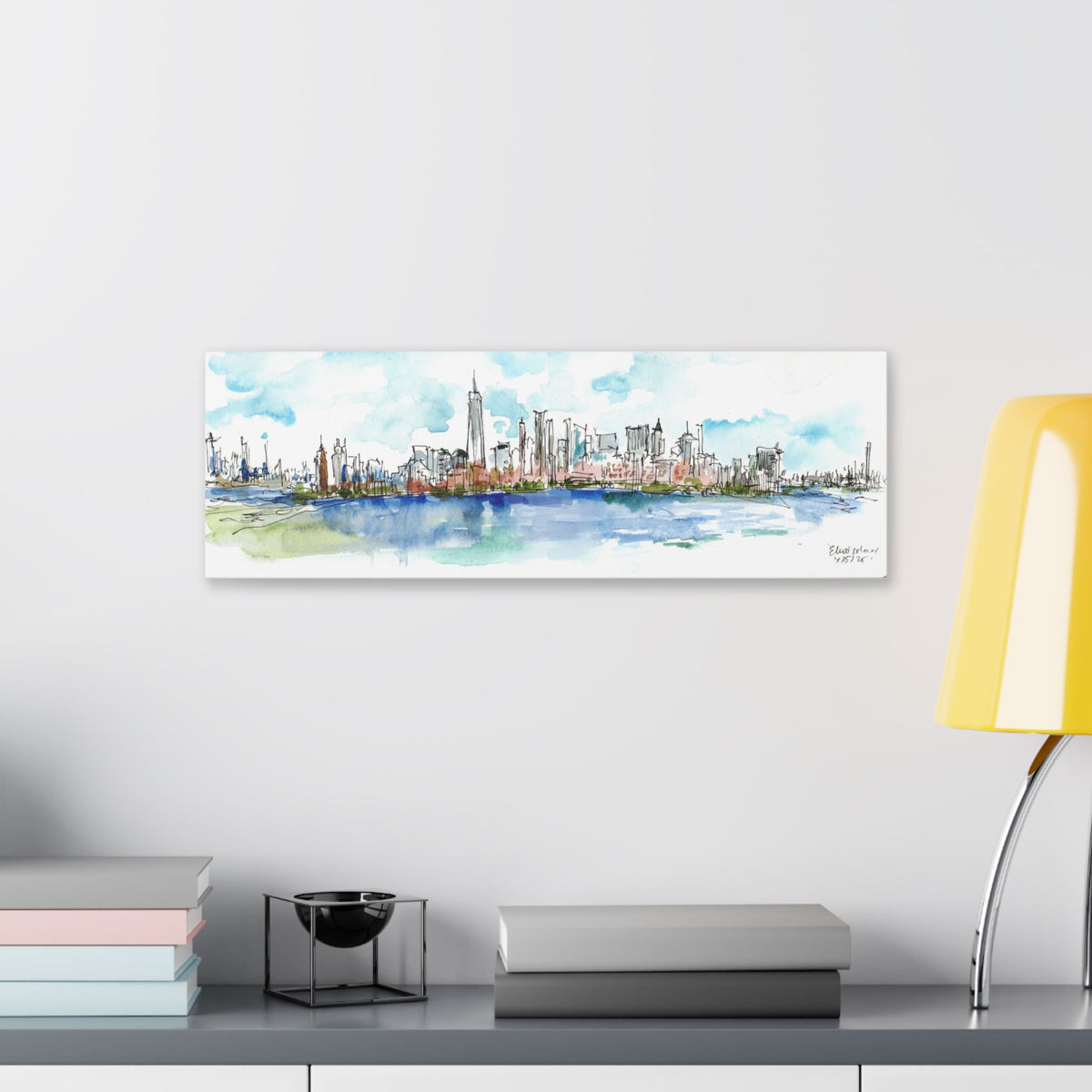 New York City Skyline Canvas — Ellis Island Watercolor Panorama