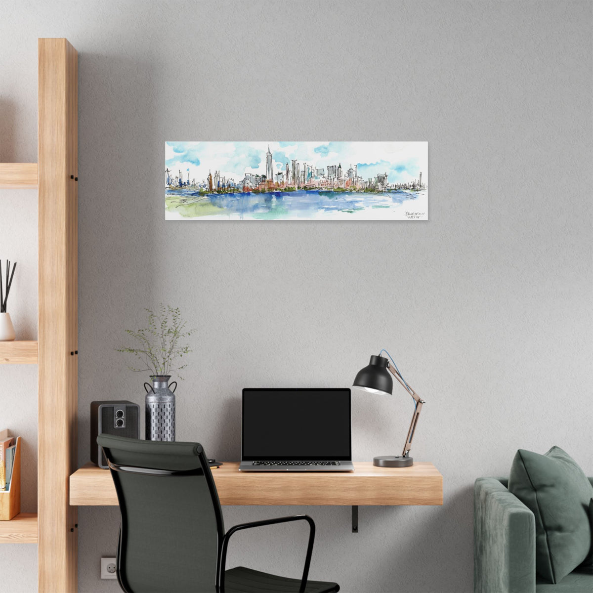 New York City Skyline Canvas — Ellis Island Watercolor Panorama