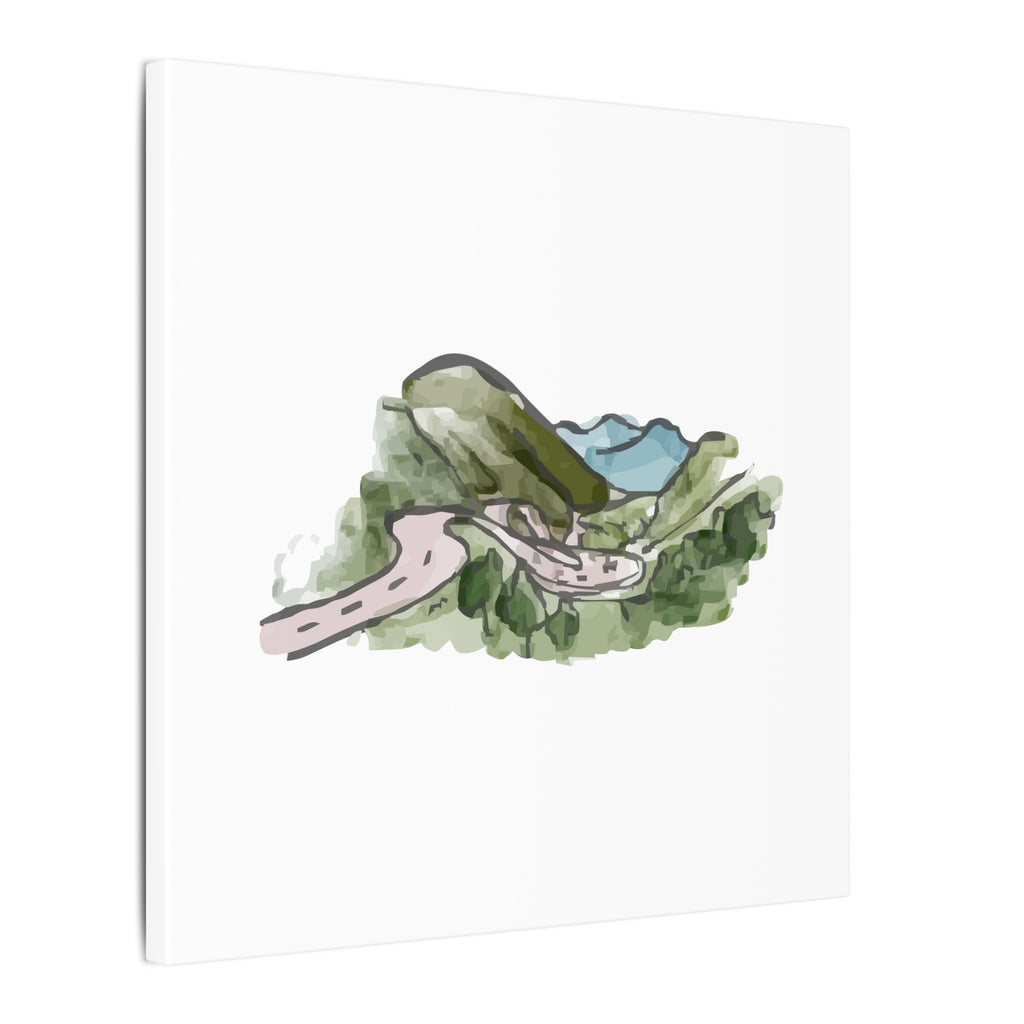 Illustration of a mountain landscape with a road and trees on a white background