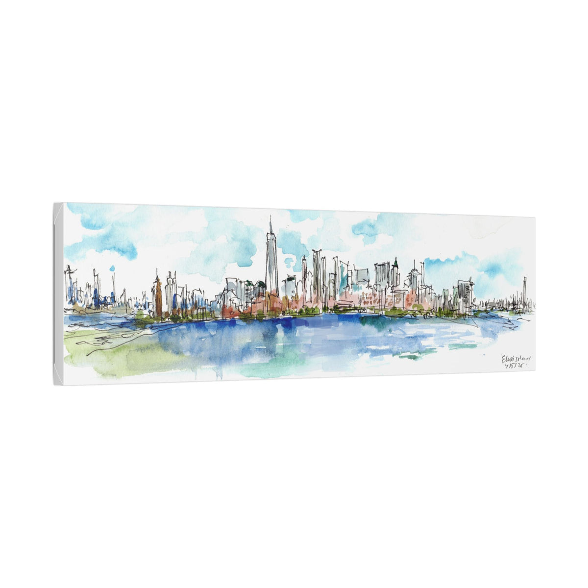 New York City Skyline Canvas — Ellis Island Watercolor Panorama