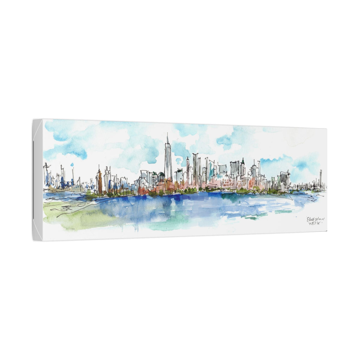 A rectangular watercolor canvas print of the New York City skyline, featuring prominent skyscrapers and a blue waterway reflection, shown at a three-quarter angle against a white background.