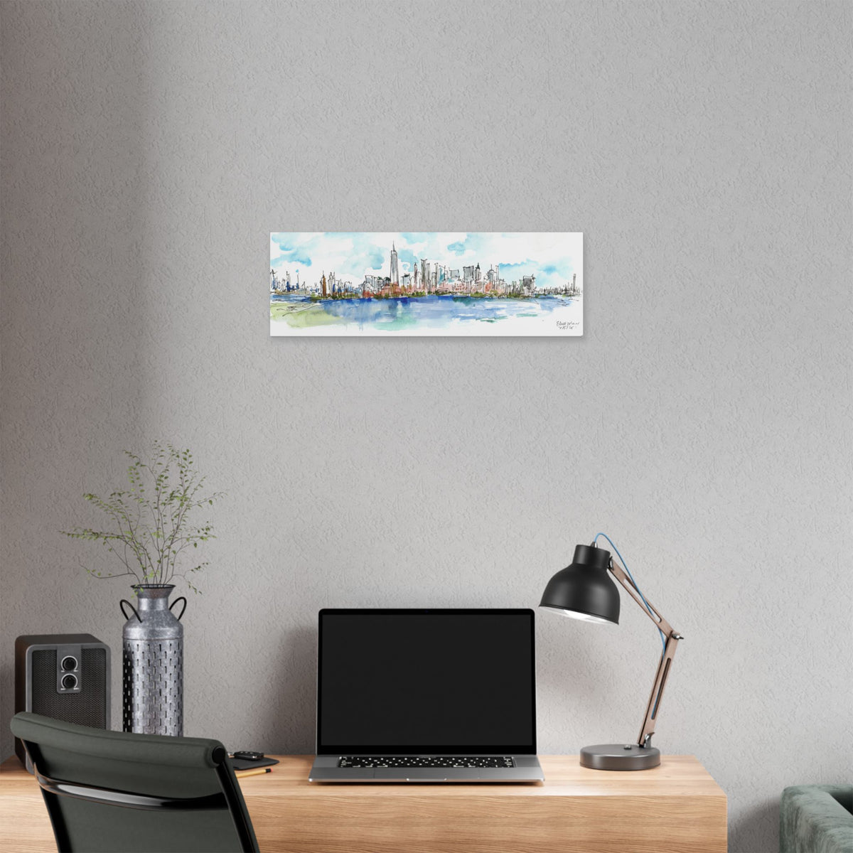 New York City Skyline Canvas — Ellis Island Watercolor Panorama
