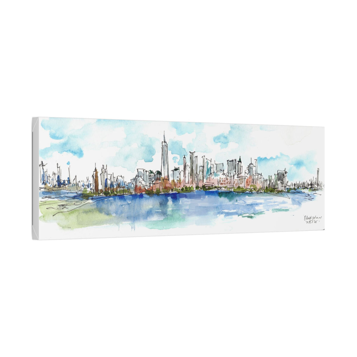 New York City Skyline Canvas — Ellis Island Watercolor Panorama